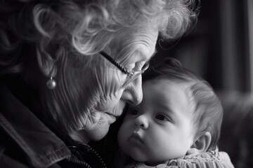 Grandmother gently holds her baby close, sharing warmth and affection in a cozy setting