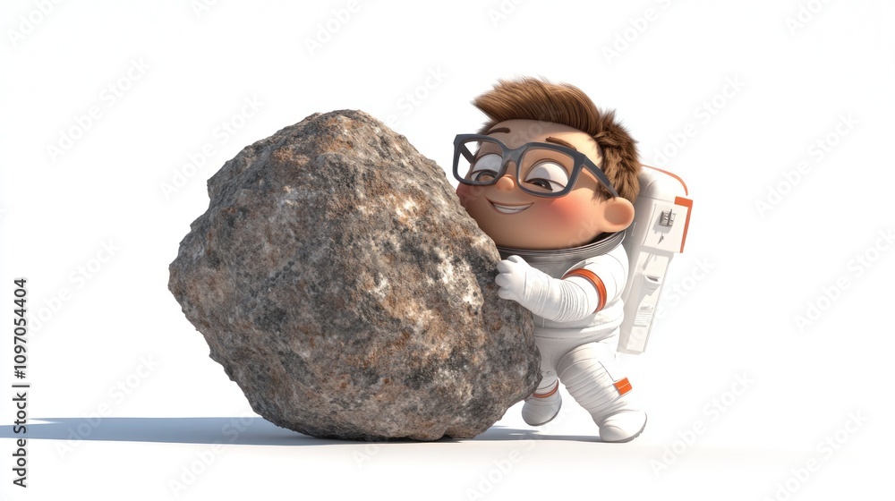 Poster a cheerful child in a spacesuit joyfully pushes a large rock.