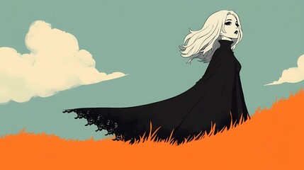 Teenage girl in gothic-inspired clothing, her layered accessories creating depth, posed against a textured dark grey backdrop