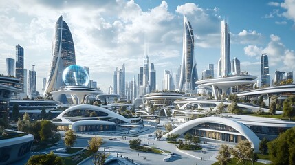 Futuristic urban landscape of a Type I civilization on the Kardashev Scale integrating quantum computing and AIpowered facial recognition for energyefficient smart city management
