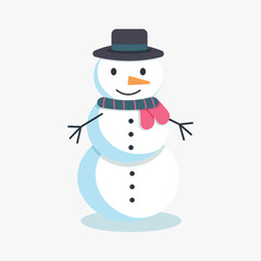 Smiling snowman in hat and scarf in flat cartoon style on white background. Poster, Banner, Flyer, Greeting Card. Vector illustration