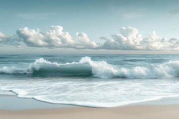 Fototapeta premium gentle ocean waves lapping against a sandy beach, serene blues and whites merging, capturing the essence of peaceful nature and relaxation