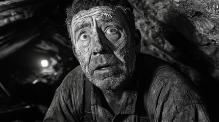 Coal miner rescued during cave collapse underground mine gripping black and white image intense atmosphere human struggle