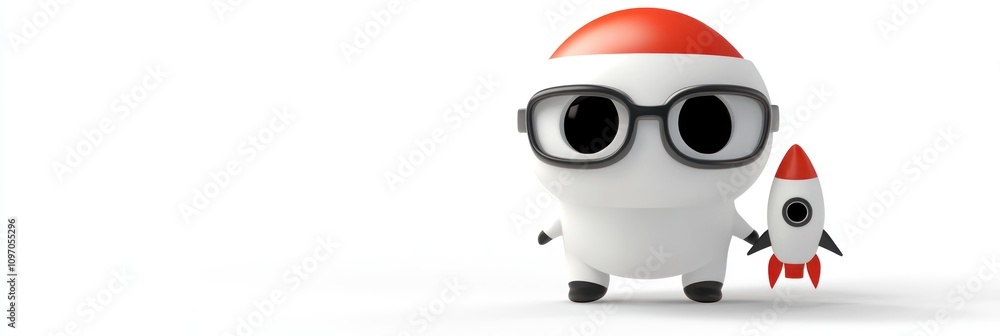 Poster a cute robot character holding a small rocket, symbolizing innovation and exploration.