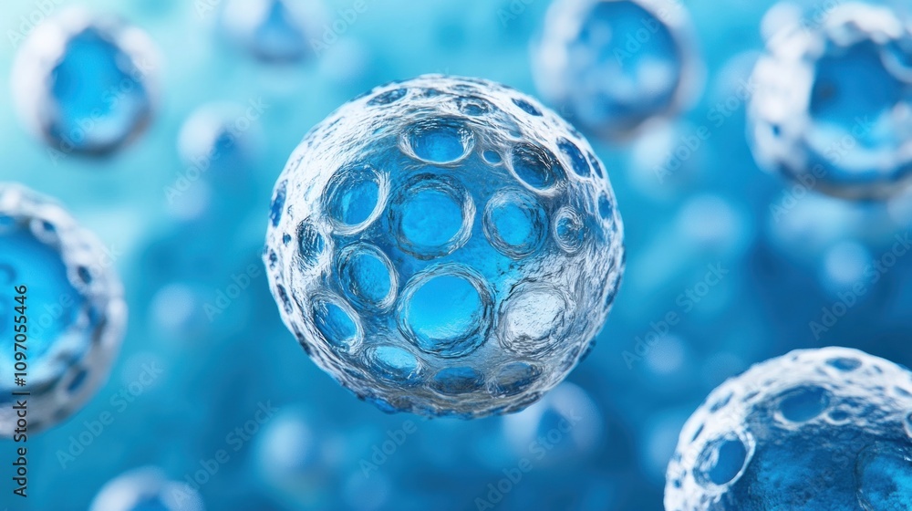 Poster a close-up view of blue-colored cells in a scientific context.