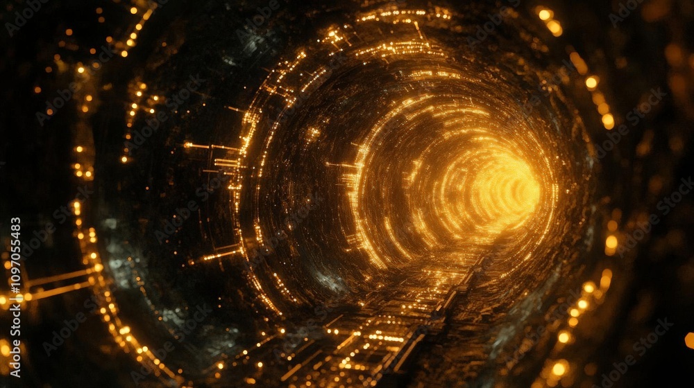 Poster an abstract representation of a futuristic tunnel filled with vibrant lights, creating a mesmerizing