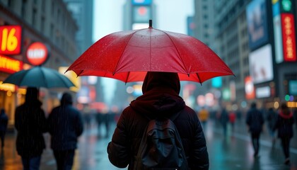 Rainy city street scene. Person walks under red umbrella. People rush by in city. Urban scene in rainy weather. City life in rain. Rainy day in big city. Urban atmosphere.