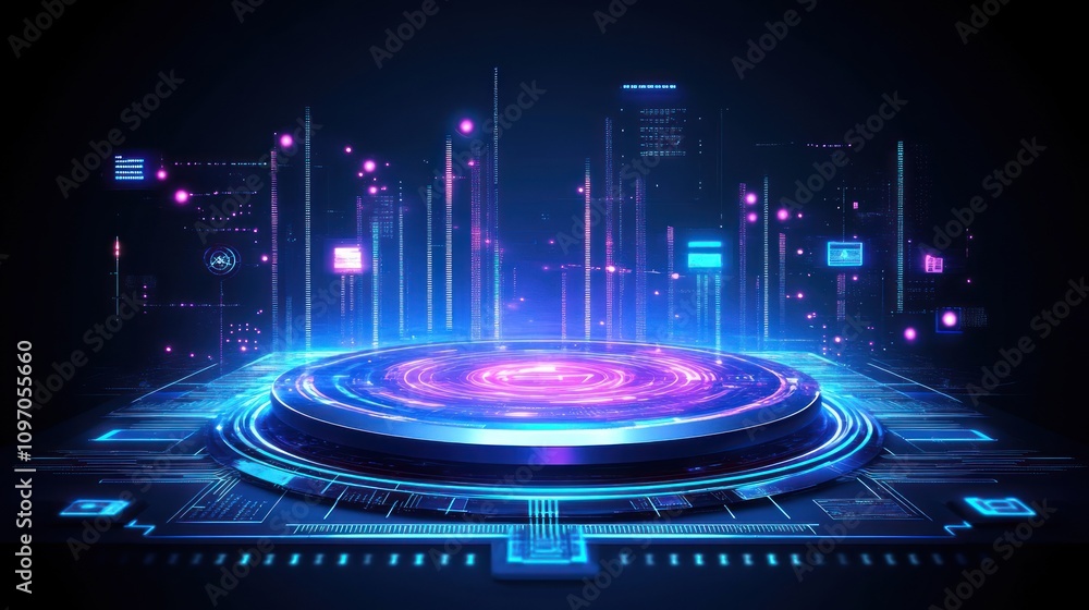 Aufkleber Futuristic digital interface with glowing elements and data visualizations.