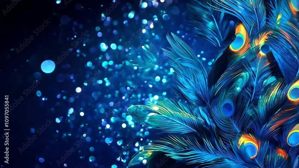 Poster Vibrant peacock feathers display intricate patterns against a dark background with sparkling highlights at dusk