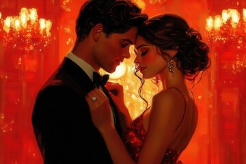 glamorous art deco style illustration capturing a stylish couple dancing at a lively party, adorned in period-appropriate fashion, radiating the elegance of the roaring twenties