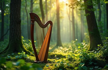 Celtic harp sits in sunlit enchanted forest. Irish music symbol. St Patricks Day. Nature scene....