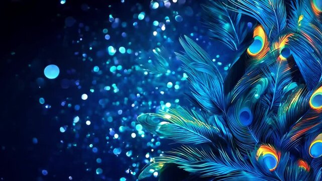 Vibrant peacock feathers display intricate patterns against a dark background with sparkling highlights at dusk