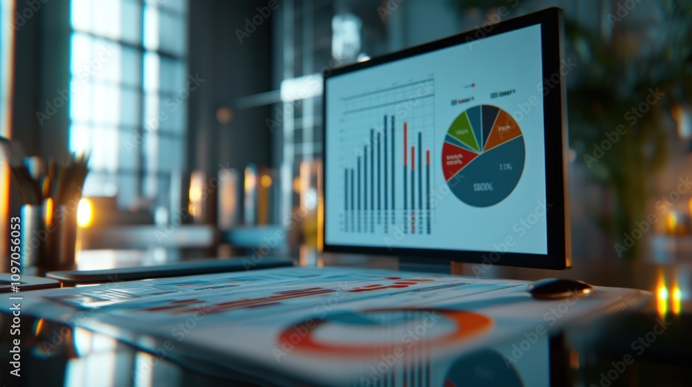 Poster A modern workspace featuring a computer displaying data visualizations and reports.