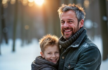 Obraz premium Happy father and son outdoors in winter. Caucasian man hugs boy. Family fun winter walk in snowy forest. Child smiles. Parenthood, love, family togetherness.