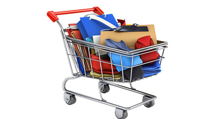 A metal shopping cart overflowing with various bags, clothes, and items isolated on transparent or white background. Generative ai