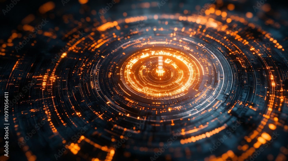 Poster an abstract representation of digital technology, featuring vibrant orange circles and intricate pat