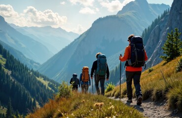 Obraz premium Hikers trek mountain trail. Group backpackers walk scenic alpine valley. People enjoy outdoor adventure. Summer mountain range panorama. Travel climb summit.