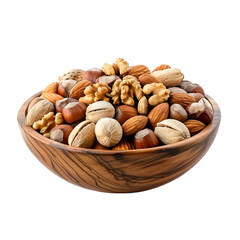 Assorted nuts in a wooden bowl against  white background