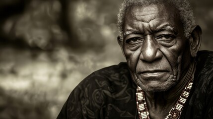 Fototapeta premium Candid portrait of elderly man outdoor setting black and white photography cultural reflection close-up view humanity