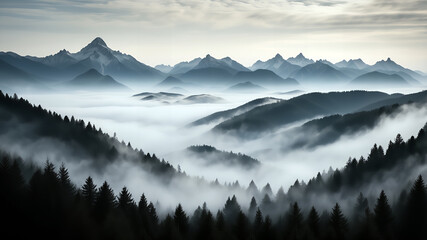 Serene mountain landscape featuring mist-covered valleys, snow-capped peaks, and dense evergreen forests under a soft, cloudy sky.