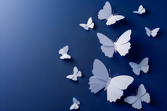 Beautiful white paper cut butterflies on dark blue background, copy space