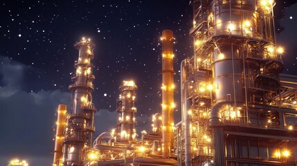 Fototapeta premium A brightly lit industrial complex against a starry night sky.