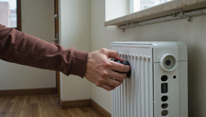 Person adjusting radiator knob for heating in modern interior, home comfort and energy management concept