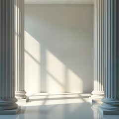 Obraz premium Elegant white columns stand in minimalist room. Sunlight casts soft shadows. Tranquil sophisticated ambience. Modern interior design. Chic home decor. Calm relaxing space. Beautiful background.
