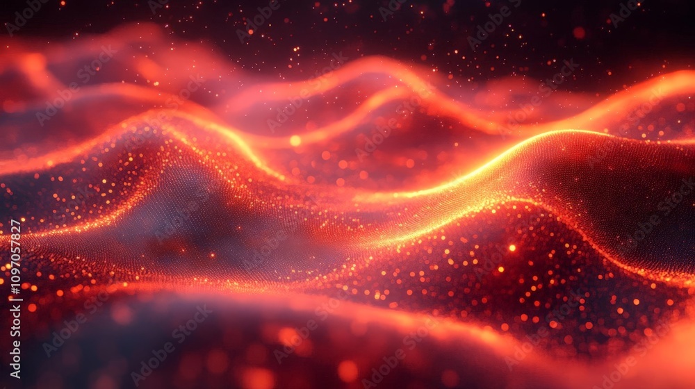 Poster an abstract representation of flowing energy, showcasing vibrant waves of orange and red, creating a