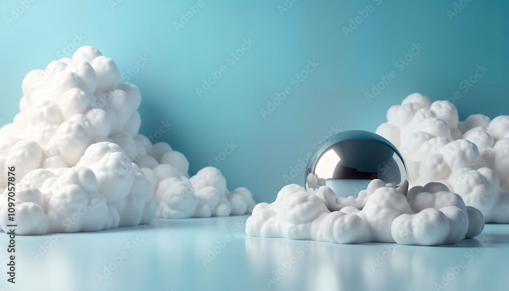 Poster chrome sphere rests on fluffy white clouds. minimalist 3d render. blue sky background. abstract mode