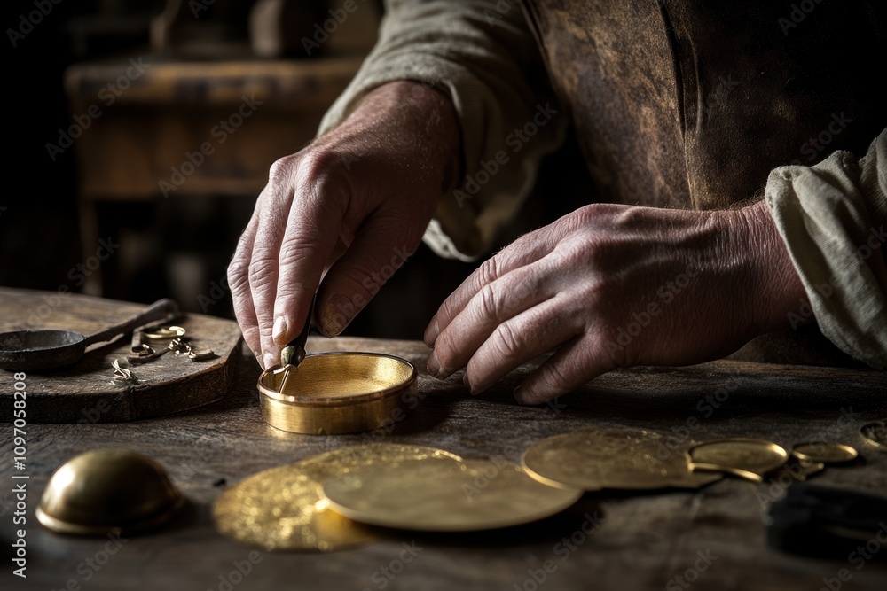 Poster a craftsman works with metal, creating circular pieces in a workshop setting.