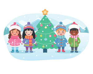 Fototapeta premium Merry Christmas concept. Cute and friendly multinational children holding hands and Christmas tree on white background. Poster, Banner, Flyer, Greeting Card. Vector illustration in flat cartoon style