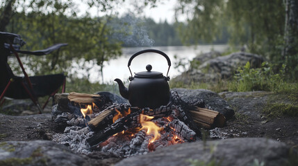 A dark teapot sitting on an open fire in a traditional outdoor camping setting, with sparks flying and the sound of boiling water