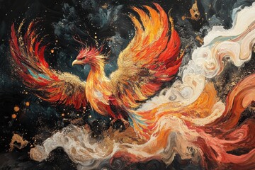 Fototapeta premium A vibrant phoenix rises amidst swirling colors and textures.