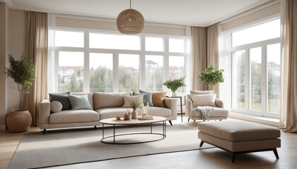 Fototapeta premium Bright and modern living room with large windows and neutral decor
