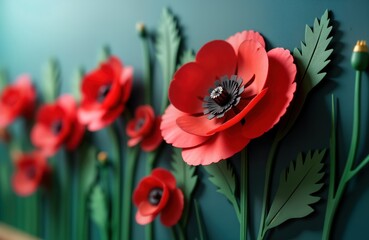 Paper cut red poppies. Remembrance day symbol. Anzac Day memorial. War remembrance. Veteran tribute. Military honor. Peace symbol. Floral art. Origami poppies. Red flower banner. Armistice Day.