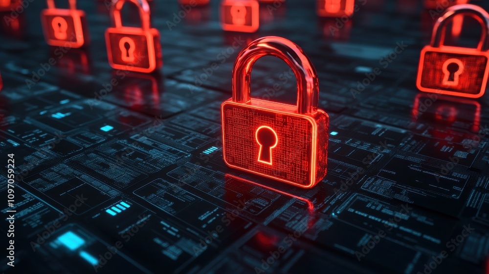 Poster cybersecurity mitigates risks and secures data. digital security concept with neon locks on high-tec