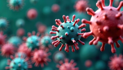 Fototapeta premium Microscopic virus cells background. Red blue virus particles. Medical science research. Health care. Infectious disease. Microbiology biology. Microscopic organism. Cellular membrane. Flu pandemic.