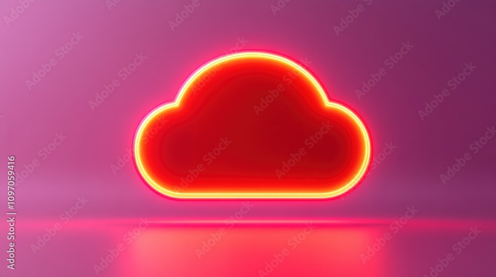 Poster cybersecurity mitigates risks and secures data. neon cloud icon with illuminated effects on a gradie