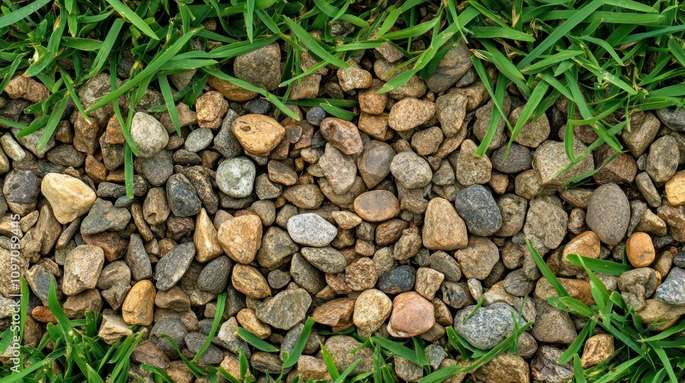 Poster a close-up of pebbles surrounded by green grass, creating a natural path.