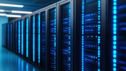 Cybersecurity mitigates risks and secures data. Modern Data Center Interior Featuring Rows of High-Tech Server Racks with Illuminated Blue LED Lights