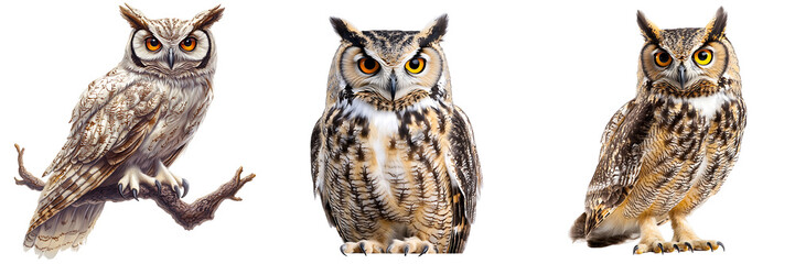 Naklejka premium Set of owl with striking amber eyes isolated on transparent background (2)