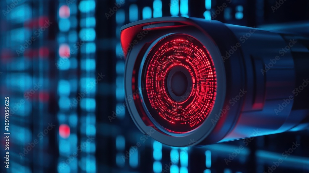 Poster cybersecurity mitigates risks and secures data. high-tech surveillance camera with red led light aga