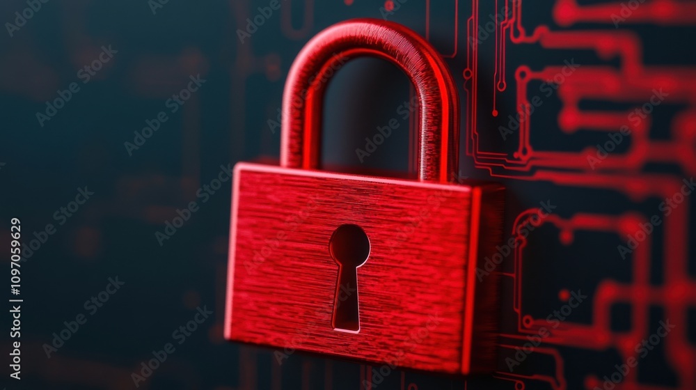 Poster cybersecurity mitigates risks and secures data. red padlock symbolizing security and privacy on digi
