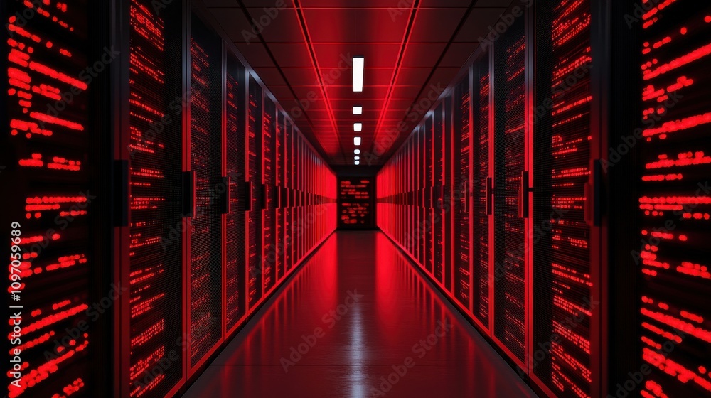 Poster cybersecurity mitigates risks and secures data. futuristic data center with neon red lighting showca