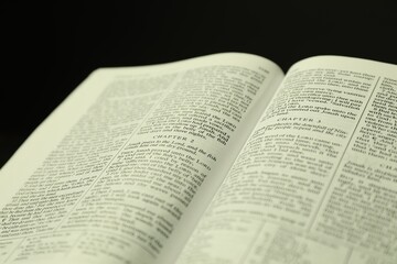 Open Holy Bible in English language on black background, closeup
