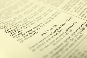 Open Holy Bible in English language as background, closeup