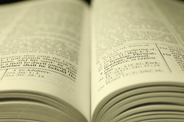 Fototapeta premium Open Holy Bible in English language as background, closeup