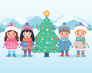 Merry Christmas concept. Cute and friendly multinational children holding hands and Christmas tree under snow. Poster, Banner, Flyer, Greeting Card. Vector illustration in flat cartoon style