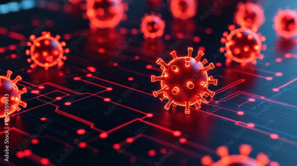 Poster cybersecurity mitigates risks and secures data. visual representation of coronavirus particles float